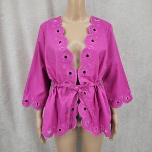 Bob Mackie Y2K Pink Eyelet Kimono Cardigan Cinched Waist Cotton Jacket NEW